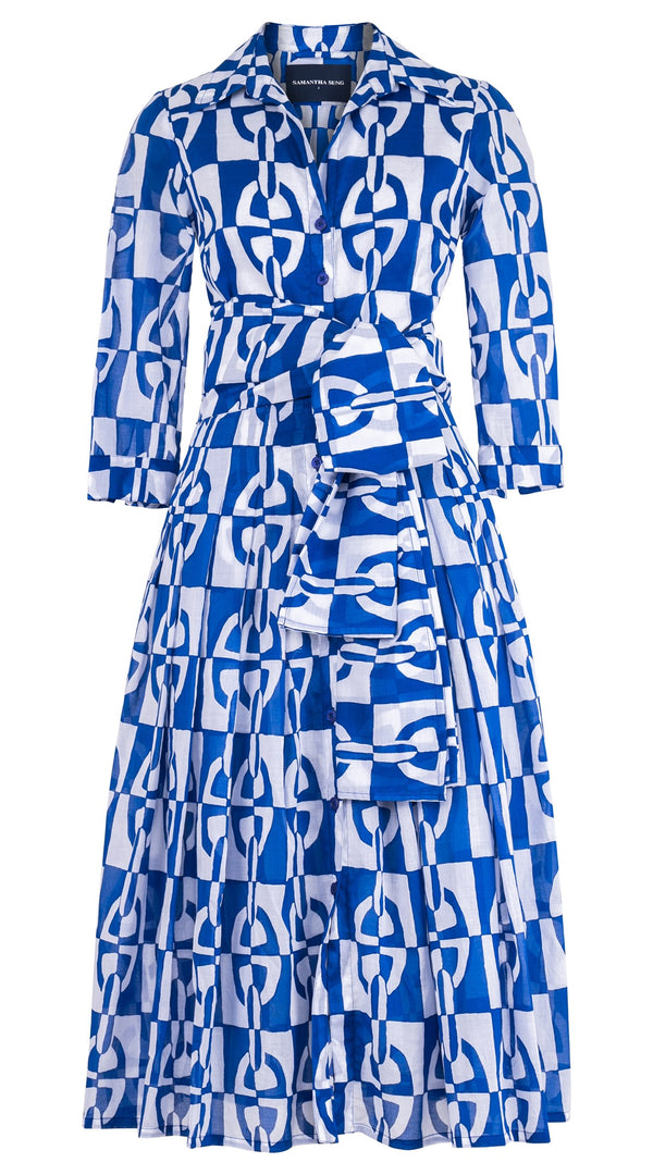 Audrey Dress #4 Shirt Collar 3/4 Sleeve Midi Length Cotton Musola (Geometric Chain)
