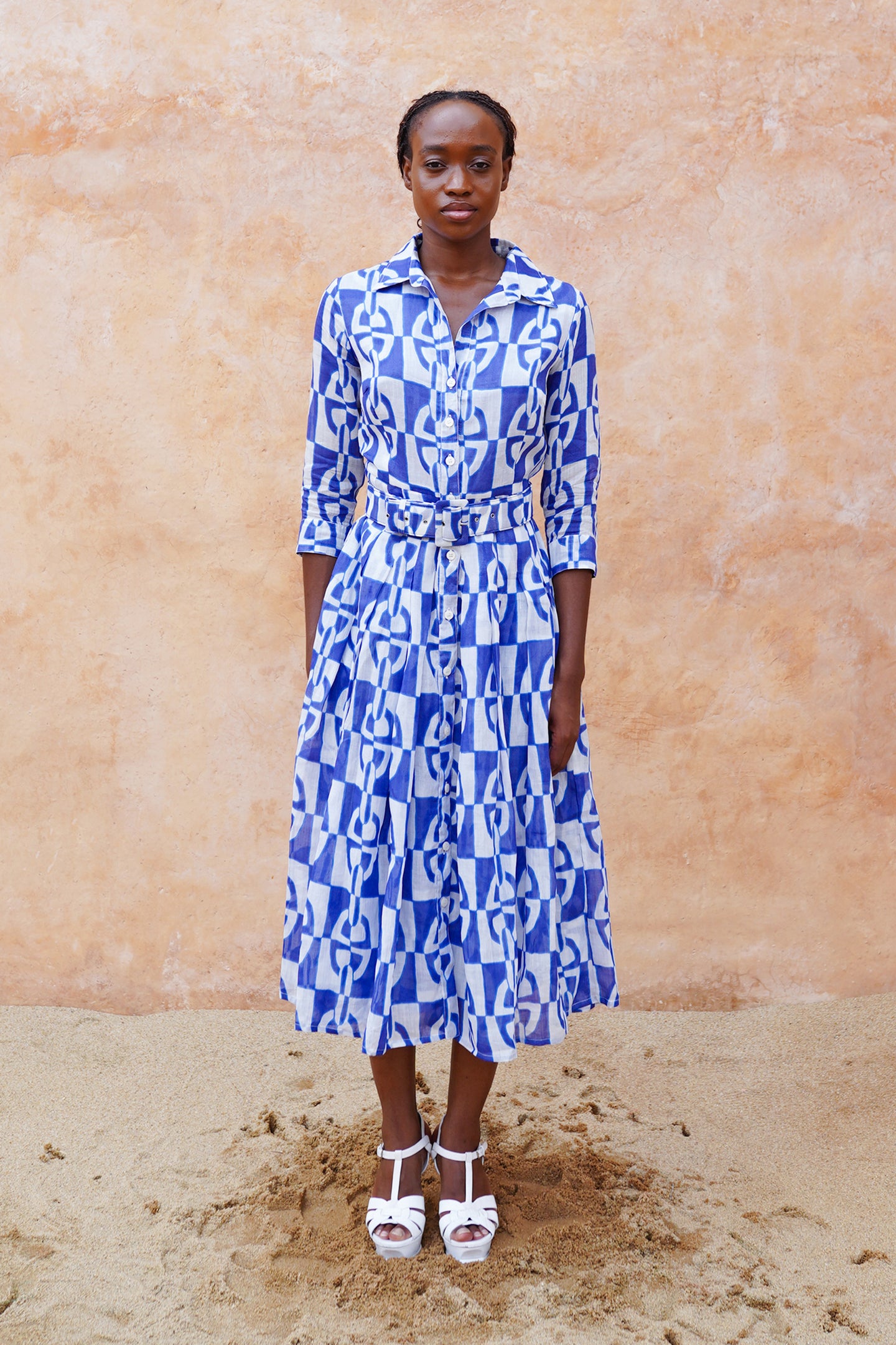 Audrey Dress #4 Shirt Collar 3/4 Sleeve Midi Plus Length Wool (Colombo Leopard) - Midnight Blue