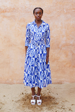 Audrey Dress #4 Shirt Collar 3/4 Sleeve Midi Length Ramie (Geometric Chain)