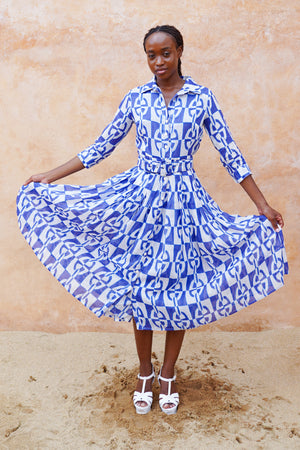 Audrey Dress #4 Shirt Collar 3/4 Sleeve Midi Length Ramie (Geometric Chain)