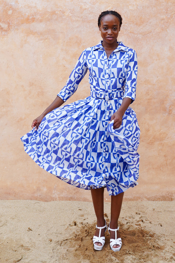 Audrey Dress #4 Shirt Collar 3/4 Sleeve Midi Length Ramie (Geometric Chain)