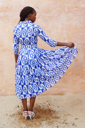 Audrey Dress #4 Shirt Collar 3/4 Sleeve Midi Length Ramie (Geometric Chain)