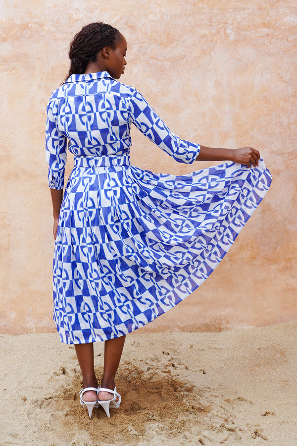Audrey Dress #4 Shirt Collar 3/4 Sleeve Midi Length Ramie (Geometric Chain)