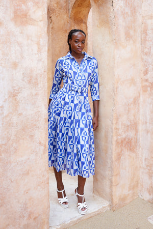 Audrey Dress #4 Shirt Collar 3/4 Sleeve Midi Length Ramie (Geometric Chain)