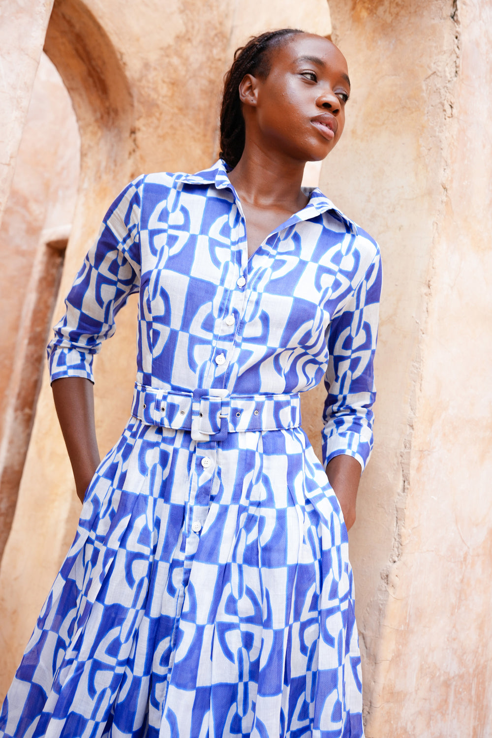 Audrey Dress #4 Shirt Collar 3/4 Sleeve Midi Length Ramie (Geometric Chain)
