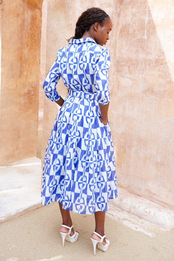 Audrey Dress #4 Shirt Collar 3/4 Sleeve Midi Length Ramie (Geometric Chain)