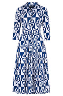 Audrey Dress #2 Shirt Collar 3/4 Sleeve Midi Length Cotton Stretch (Geometric Chain)
