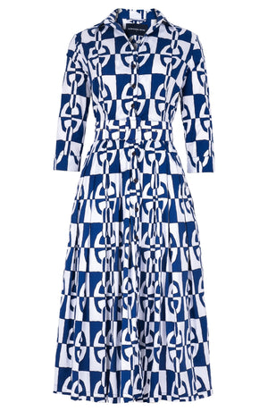 Audrey Dress #2 Shirt Collar 3/4 Sleeve Midi Length Cotton Stretch (Geometric Chain)