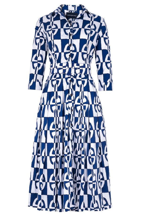 Audrey Dress #2 Shirt Collar 3/4 Sleeve Midi Length Cotton Stretch (Geometric Chain)