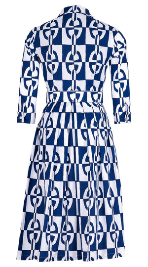 Audrey Dress #1 Shirt Collar 3/4 Sleeve Long Length Cotton Stretch (Geometric Chain)