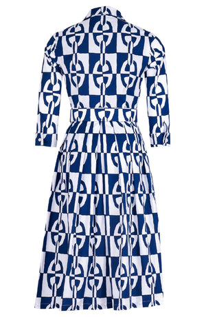 Audrey Dress #1 Shirt Collar 3/4 Sleeve Long Length Cotton Stretch (Geometric Chain)