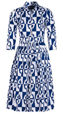 Audrey Dress #1 Shirt Collar 3/4 Sleeve Long Length Cotton Stretch (Geometric Chain)