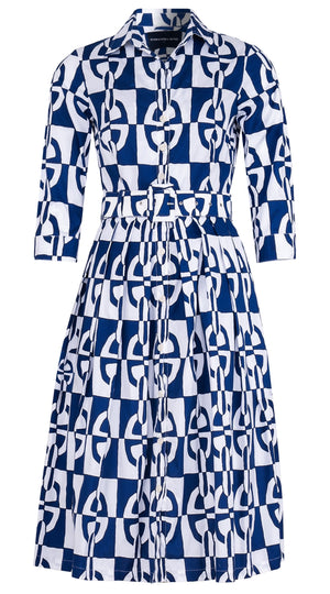 Audrey Dress #1 Shirt Collar 3/4 Sleeve Long Length Cotton Stretch (Geometric Chain)