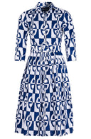 Audrey Dress #1 Shirt Collar 3/4 Sleeve Long Length Cotton Stretch (Geometric Chain)