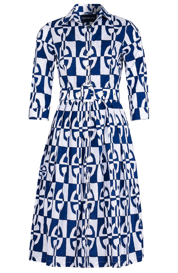 Audrey Dress #1 Shirt Collar 3/4 Sleeve Long Length Cotton Stretch (Geometric Chain)