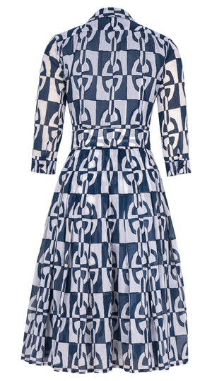 Audrey Dress #4 Shirt Collar 3/4 Sleeve Long Length Cotton Musola (Geometric Chain)