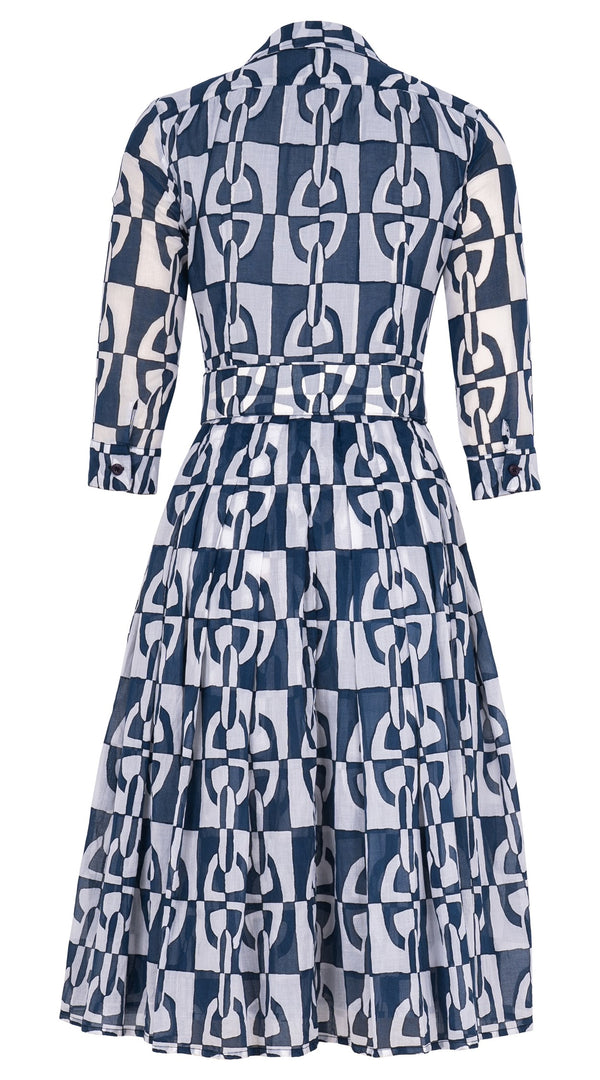 Audrey Dress #4 Shirt Collar 3/4 Sleeve Long Length Cotton Musola (Geometric Chain)