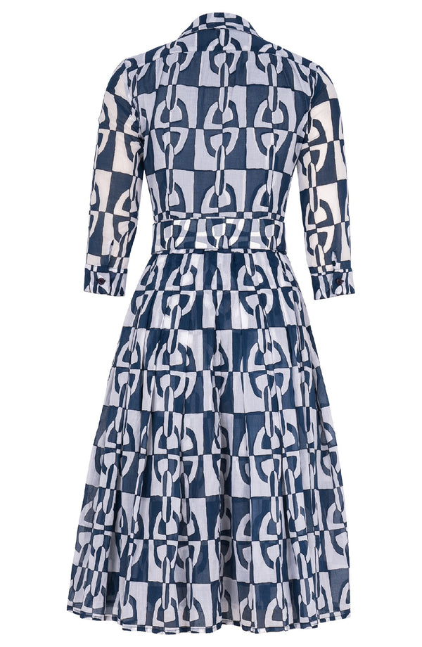 Audrey Dress #4 Shirt Collar 3/4 Sleeve Long Length Cotton Musola (Geometric Chain)