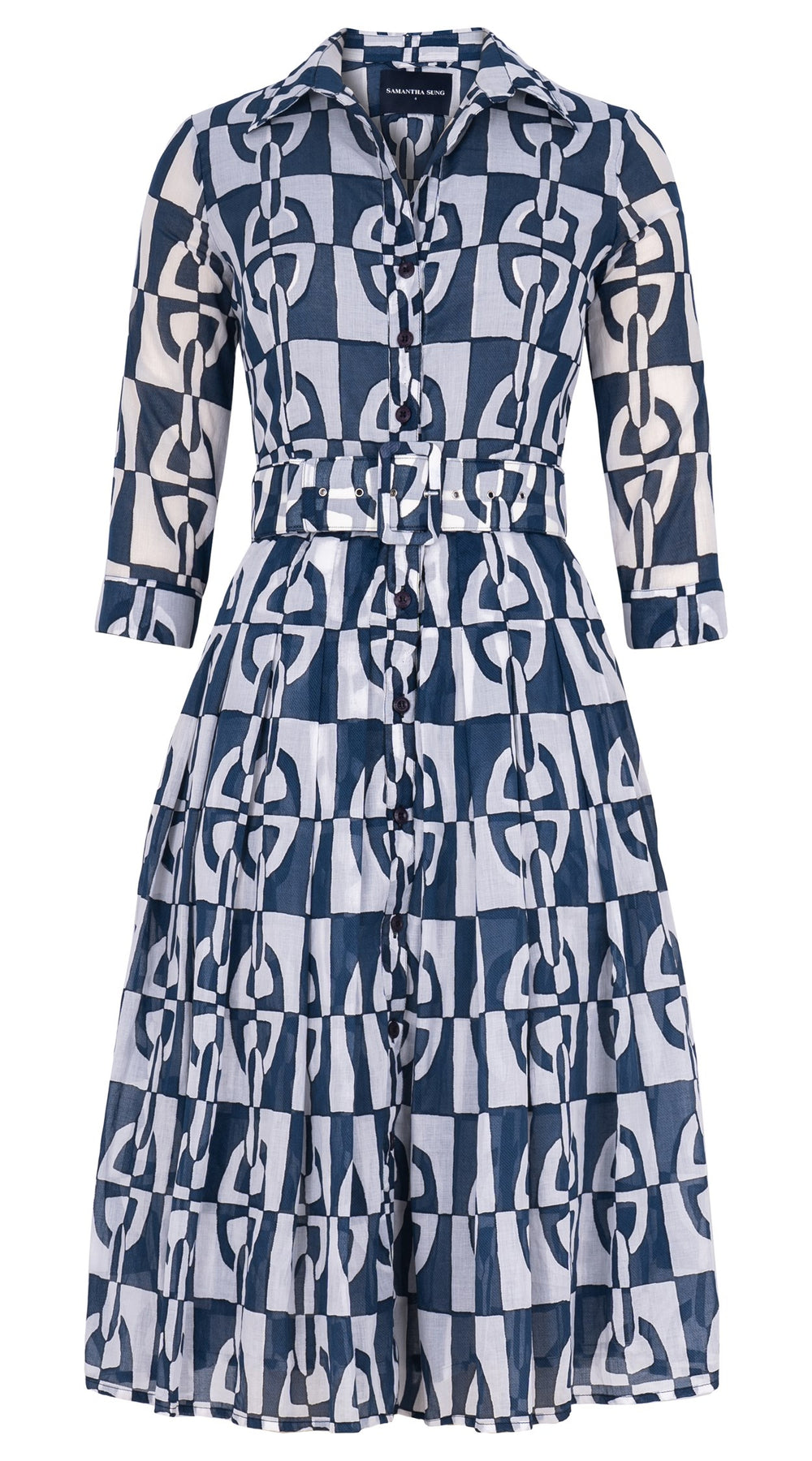 Audrey Dress #4 Shirt Collar 3/4 Sleeve Long Length Cotton Musola (Geometric Chain)