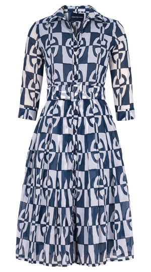 Audrey Dress #4 Shirt Collar 3/4 Sleeve Long Length Cotton Musola (Geometric Chain)