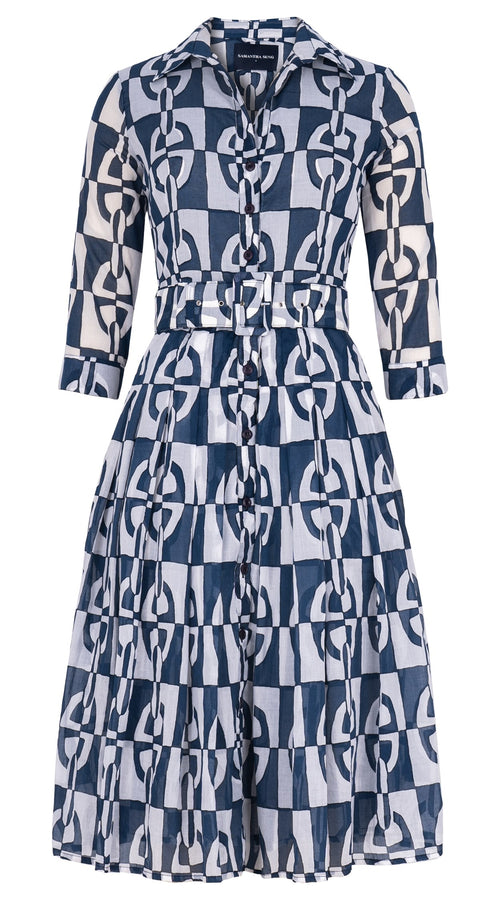 Audrey Dress #4 Shirt Collar 3/4 Sleeve Long Length Cotton Musola (Geometric Chain)