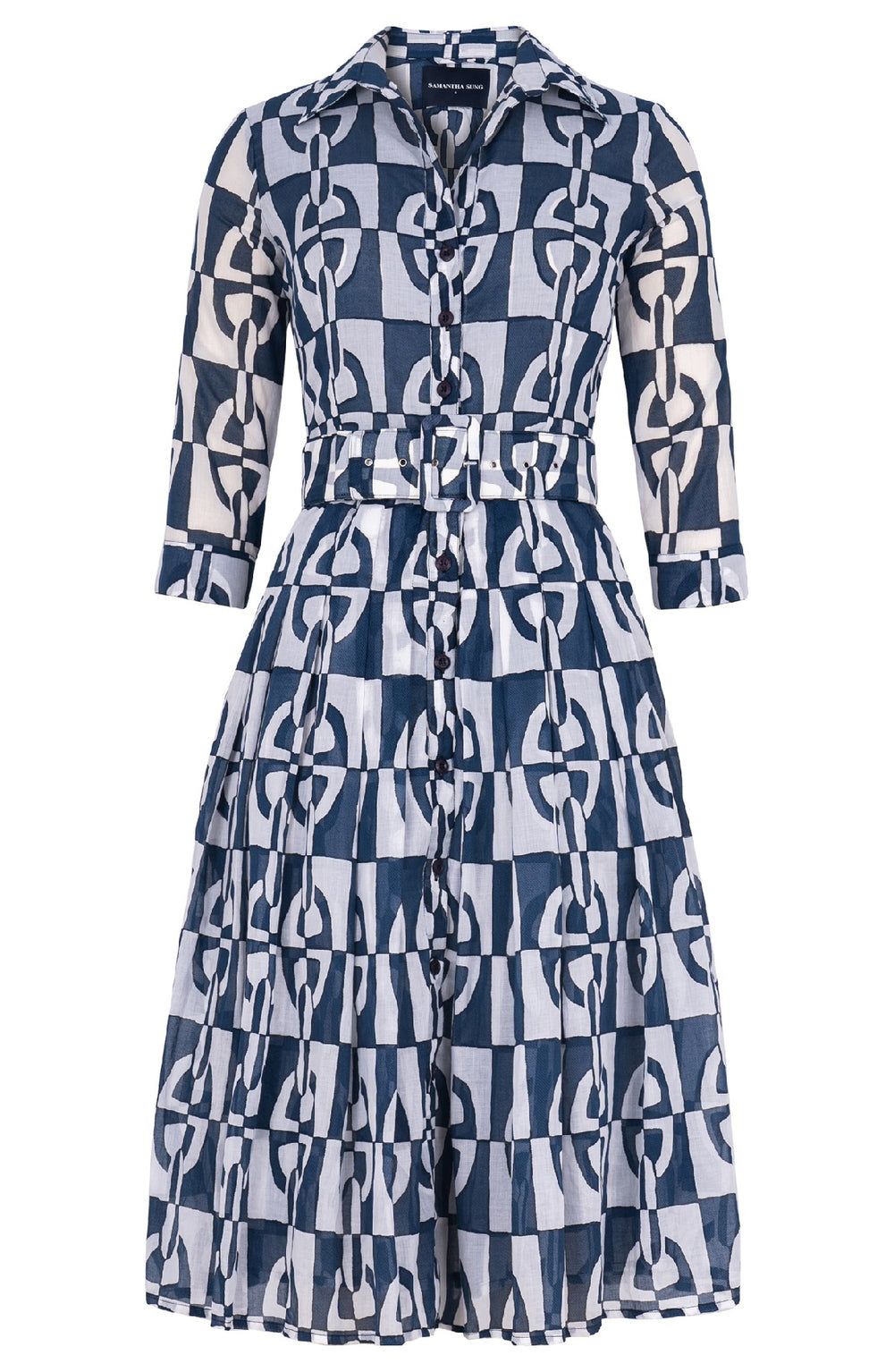 Audrey Dress #4 Shirt Collar 3/4 Sleeve Long Length Cotton Musola (Geometric Chain)