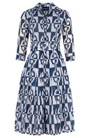 Audrey Dress #4 Shirt Collar 3/4 Sleeve Long Length Cotton Musola (Geometric Chain)