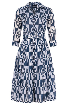 Audrey Dress #4 Shirt Collar 3/4 Sleeve Long Length Cotton Musola (Geometric Chain)