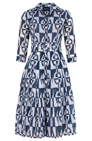 Audrey Dress #4 Shirt Collar 3/4 Sleeve Long Length Cotton Musola (Geometric Chain)