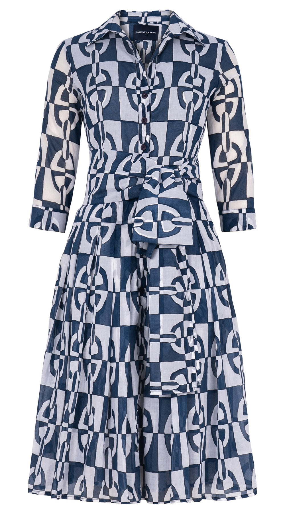 Audrey Dress #4 Shirt Collar 3/4 Sleeve Long Length Cotton Musola (Geometric Chain)