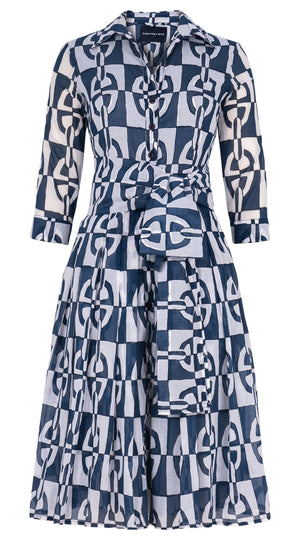 Audrey Dress #4 Shirt Collar 3/4 Sleeve Long Length Cotton Musola (Geometric Chain)