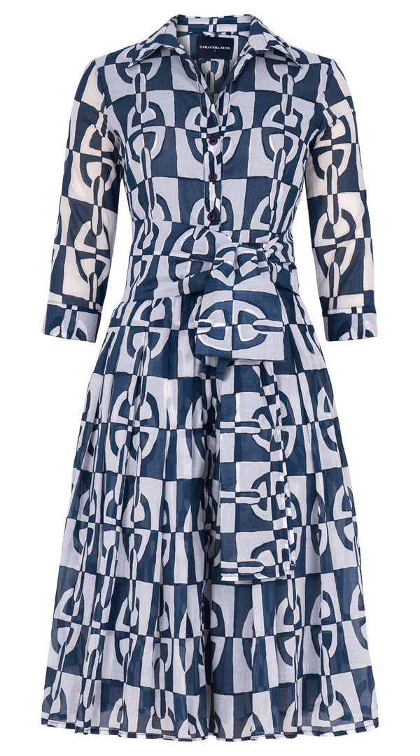 Audrey Dress #4 Shirt Collar 3/4 Sleeve Long Length Cotton Musola (Geometric Chain)