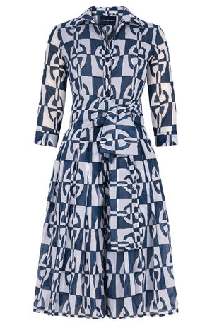 Audrey Dress #4 Shirt Collar 3/4 Sleeve Long Length Cotton Musola (Geometric Chain)