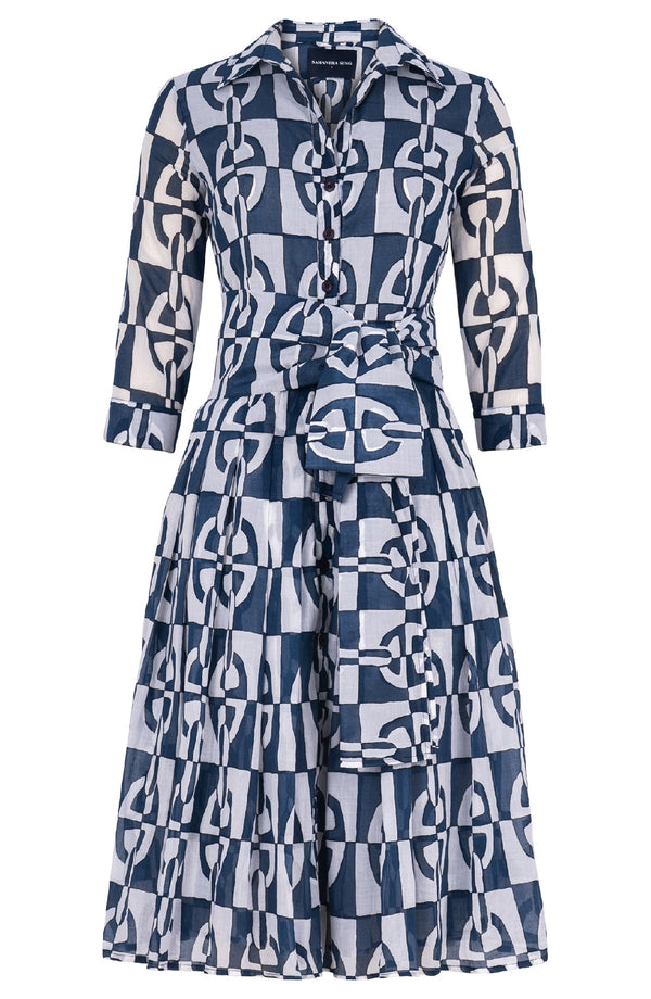 Audrey Dress #4 Shirt Collar 3/4 Sleeve Long Length Cotton Musola (Geometric Chain)