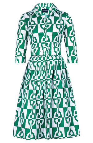 Audrey Dress #1 Shirt Collar 3/4 Sleeve Long Length Cotton Stretch (Geometric Chain)