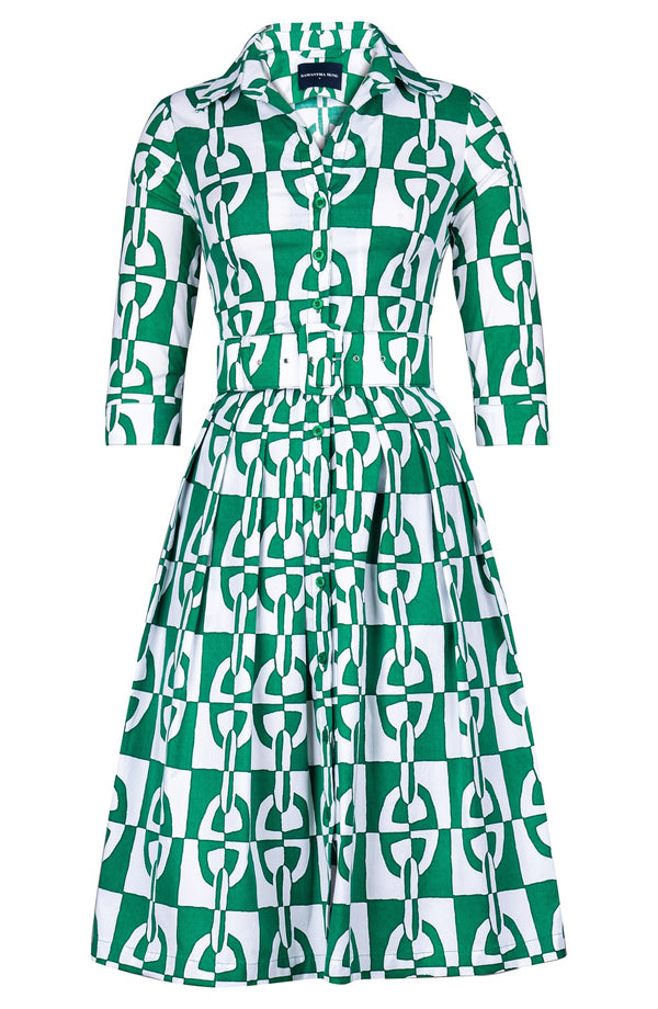 Audrey Dress #1 Shirt Collar 3/4 Sleeve Long Length Cotton Stretch (Geometric Chain)