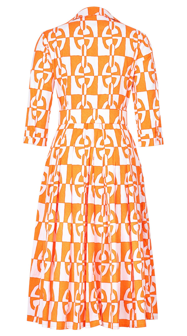 Audrey Dress #2 Shirt Collar 3/4 Sleeve Midi Length Cotton Stretch (Geometric Chain)