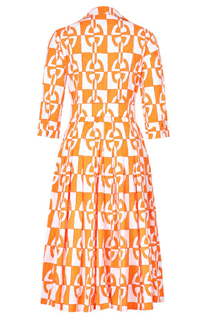 Audrey Dress #2 Shirt Collar 3/4 Sleeve Midi Length Cotton Stretch (Geometric Chain)