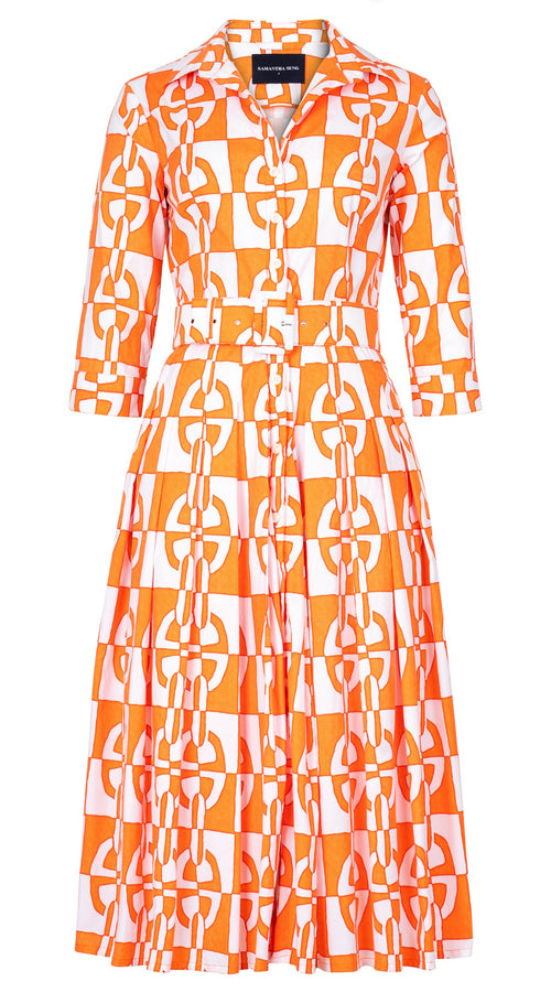 Audrey Dress #2 Shirt Collar 3/4 Sleeve Midi Length Cotton Stretch (Geometric Chain)