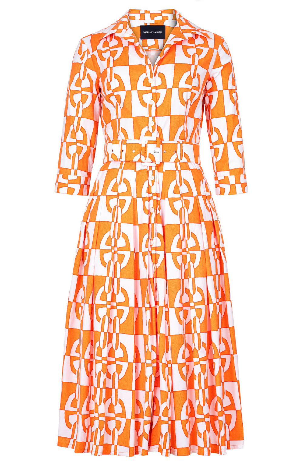 Audrey Dress #2 Shirt Collar 3/4 Sleeve Midi Length Cotton Stretch (Geometric Chain)