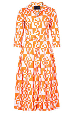 Audrey Dress #2 Shirt Collar 3/4 Sleeve Midi Length Cotton Stretch (Geometric Chain)