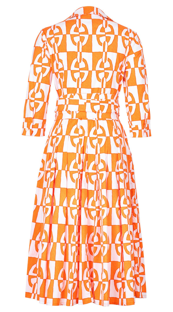 Audrey Dress #2 Shirt Collar 3/4 Sleeve Midi Length Cotton Stretch (Geometric Chain)