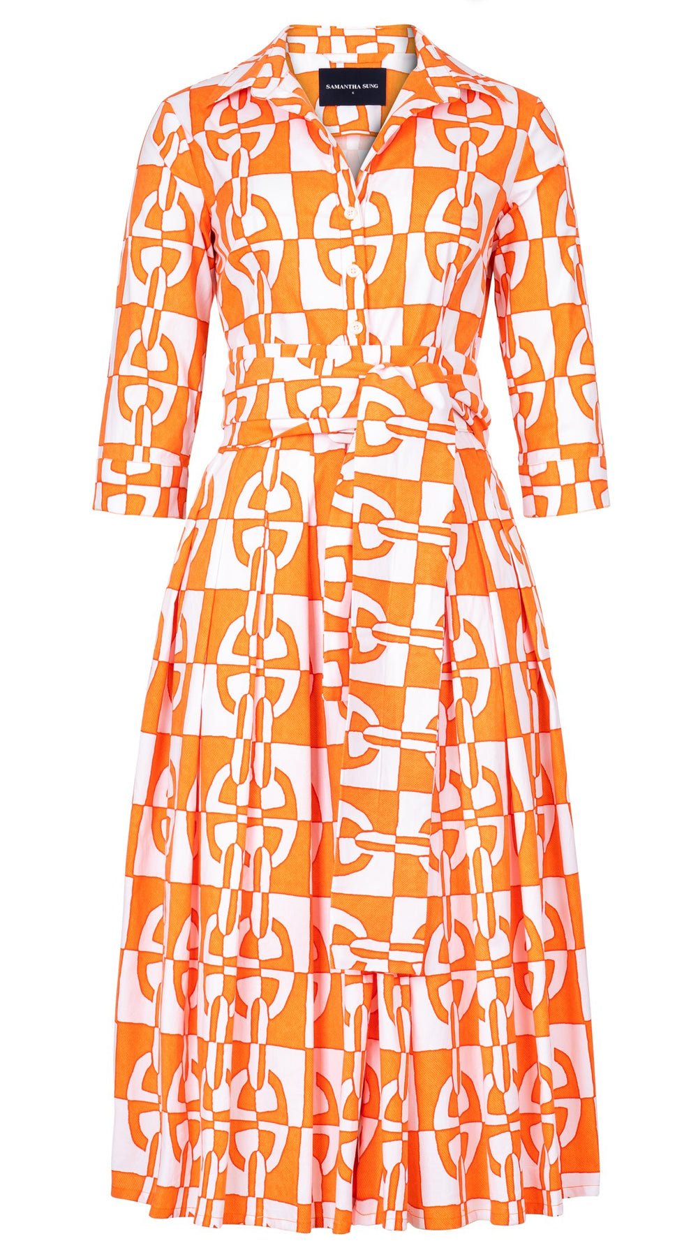 Audrey Dress #2 Shirt Collar 3/4 Sleeve Midi Length Cotton Stretch (Geometric Chain)