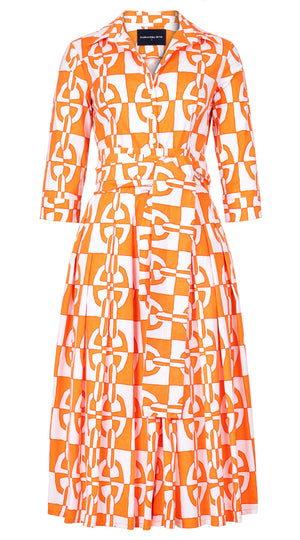 Audrey Dress #2 Shirt Collar 3/4 Sleeve Midi Length Cotton Stretch (Geometric Chain)