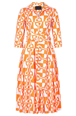 Audrey Dress #2 Shirt Collar 3/4 Sleeve Midi Length Cotton Stretch (Geometric Chain)