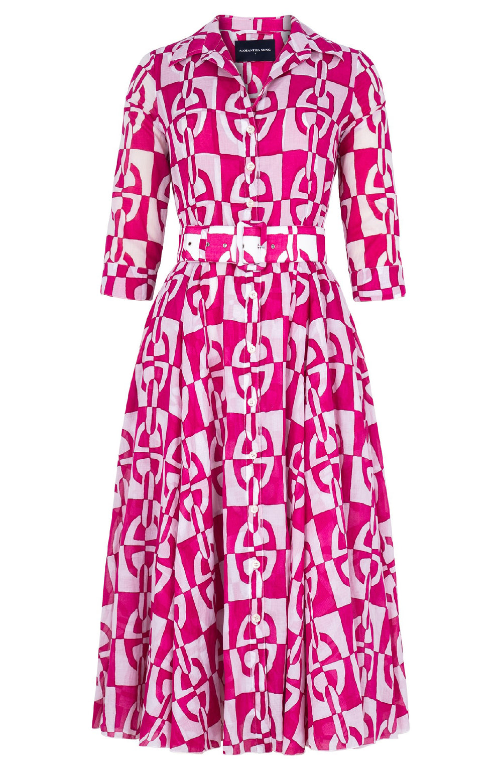 Aster Dress Shirt Collar 3/4 Sleeve Midi Length Cotton Musola (Geometric Chain)