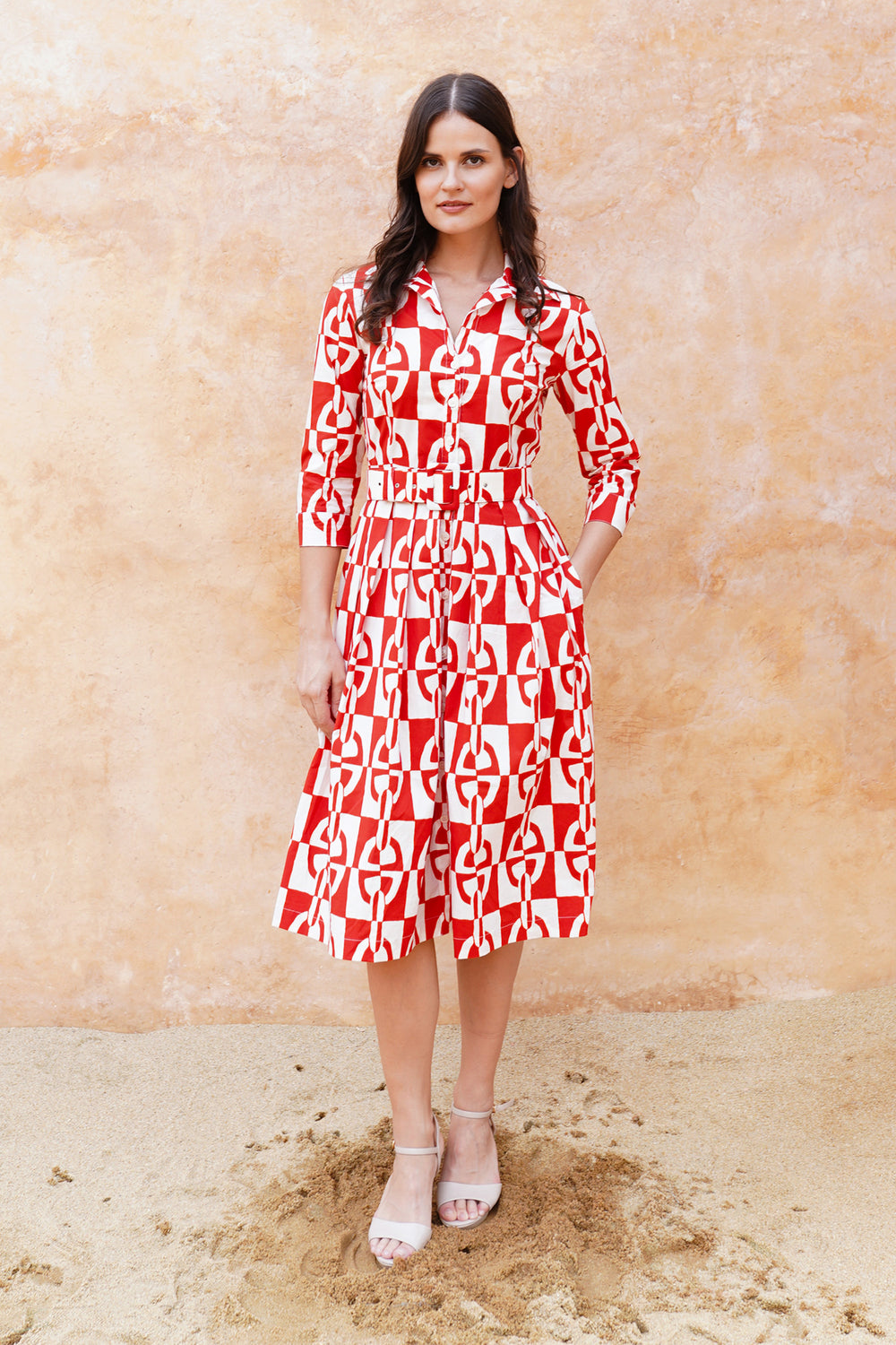 Audrey Dress #1 Shirt Collar 3/4 Sleeve Long Length Cotton Stretch (Geometric Chain)