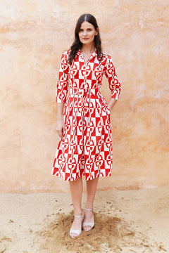 Audrey Dress #1 Shirt Collar 3/4 Sleeve Long Length Cotton Stretch (Geometric Chain)