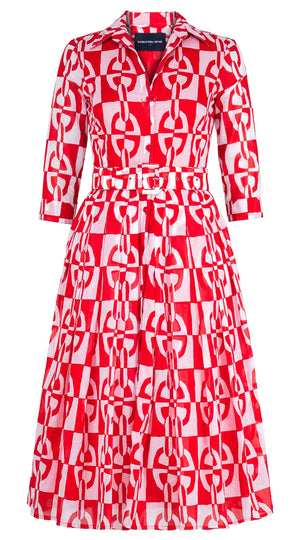 Audrey Dress #4 Shirt Collar 3/4 Sleeve Midi Length Cotton Musola (Geometric Chain)