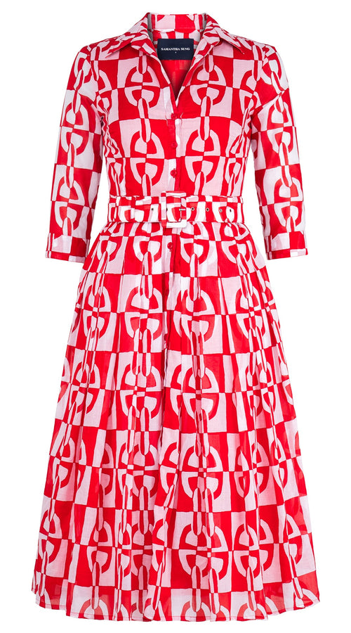 Audrey Dress #4 Shirt Collar 3/4 Sleeve Midi Length Cotton Musola (Geometric Chain)